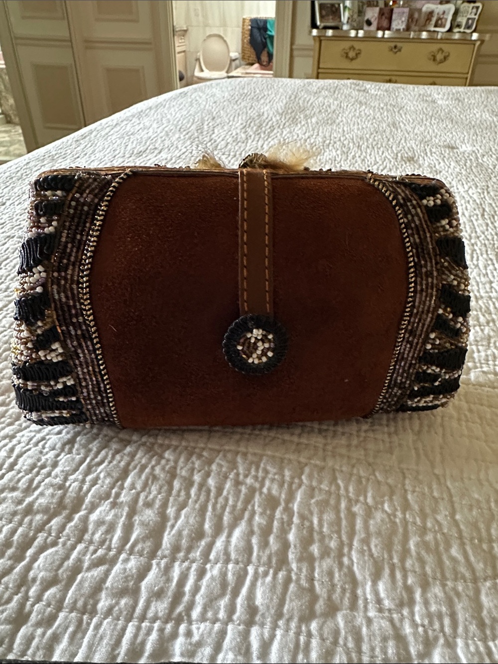 Mary Frances Tiger-Print Embellished Clutch in Brown and Coral - Picture 2 of 4
